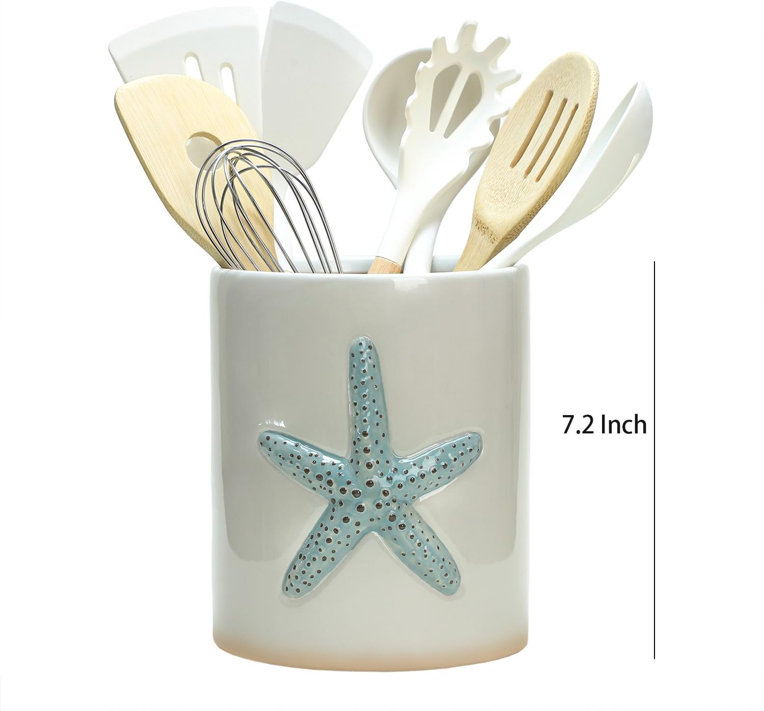 Ceramic Starfish Embossed Utensil Holder, Large Cooking Utensil Crocks for Countertop, Ocean Style Utensil Organizer for Spatula