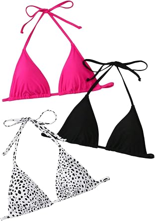 Floerns Womens 3 Pack Bikini Top Halter Tie Back Wireless Triangle Bathing Suit Tops