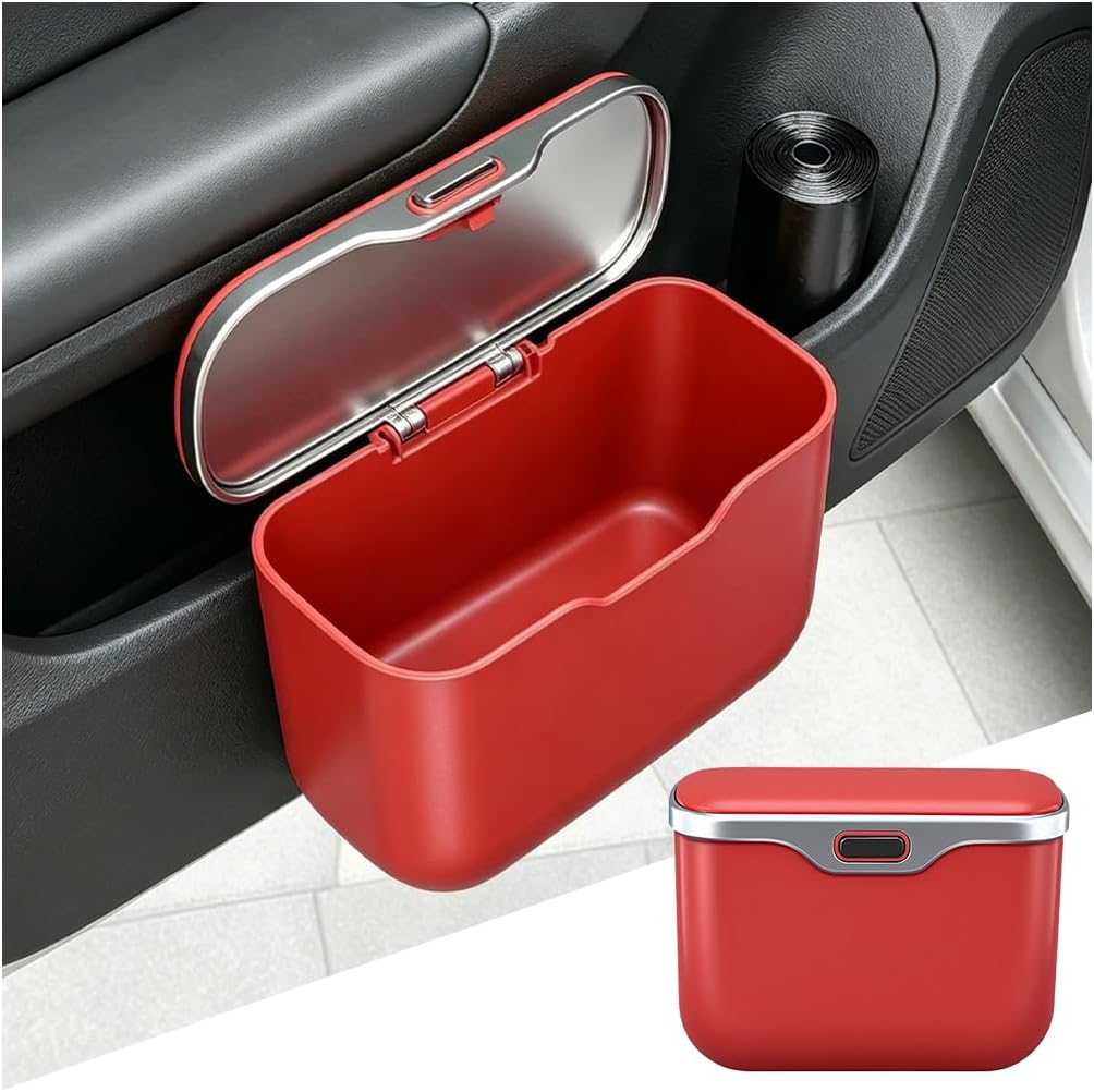 Car Trash Can with Lid, Mini Leak-Proof Vehicle Garbage Waster Container Bin for Door Seat Back, Multi-Purpose Auto Interior Dustbin Trash Bin Organizer, Universal Fit (Grey)