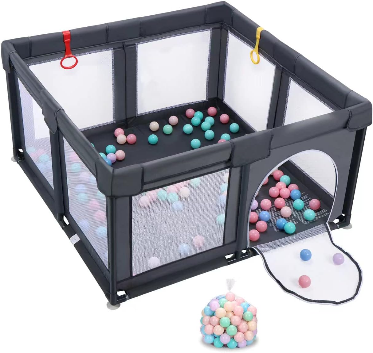 Baby Playpen, Playpen for Babies and Toddlers Indoor & Outdoor Kids Activity Center with 50 Ocean Balls Small Baby Playard Breathable Mesh Kids Safety Play Area, 47in x 47in (Dark Gray)