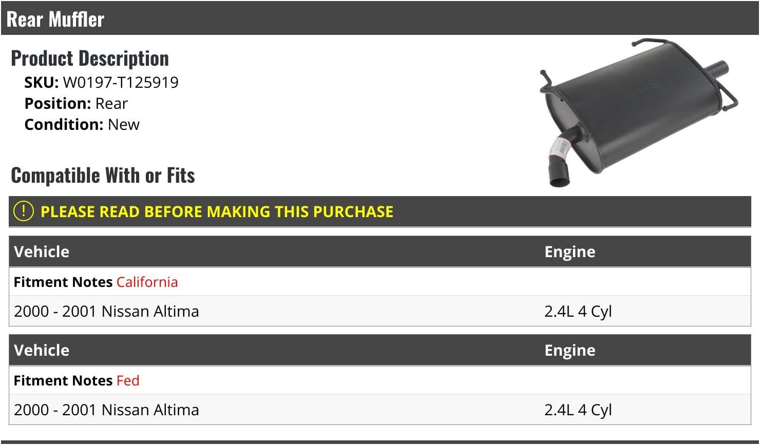 Rear Muffler - Compatible with 2000-2001 Nissan Altima 2.4L 4-Cylinder