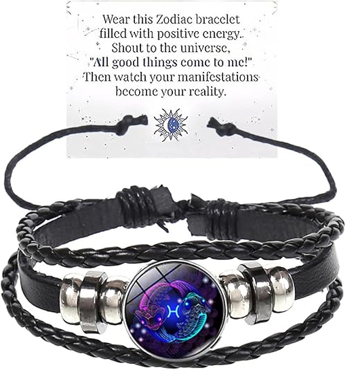 Zodiac Signs Spirit Bracelet Multilayer Adjustable 12 Constellation Black Leather Bracelet Handmade Woven Zodiac Sign Wrap Bracelet Birthday Jewelry Gifts for Women Men