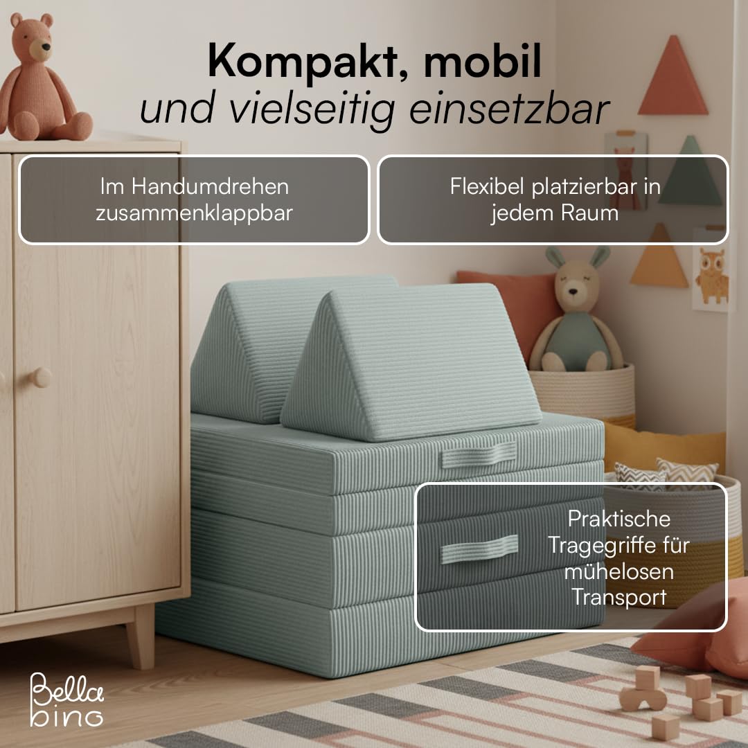 Bellabino Nile Spielsofa Maxi 4-TLG. für Kinder – Kindersofa Cord in Türkis – Spielesofa Schaumstoff Bausteine – modulare Kindercouch ausklappbar mit waschbarem Bezug – Sofa Kinderzimmer Kuschelecke