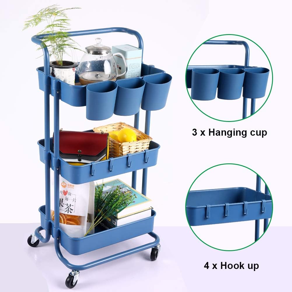 VARMHUS Three Tier Rolling Cart,Craft Cart Organizer with Wheels,Art Cart,Utility Cart,Kids Craft Organizers and Storage,Makeup Organizers and Storage Cart,Kitchen Storage Cart(Navy Blue)