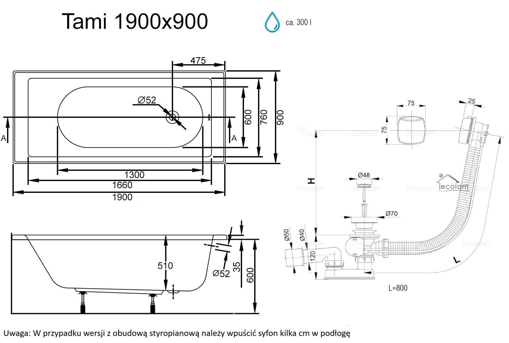 Duża wanna akrylowa ECOLAM® TAMI 190x90 cm + obudowa z polistyrenu z możliwością płytek pod oświetlenie LED, prostokątna wanna akrylowa, akryl sanitarny biały + automatyczny spust i przelew, nóżki, ko