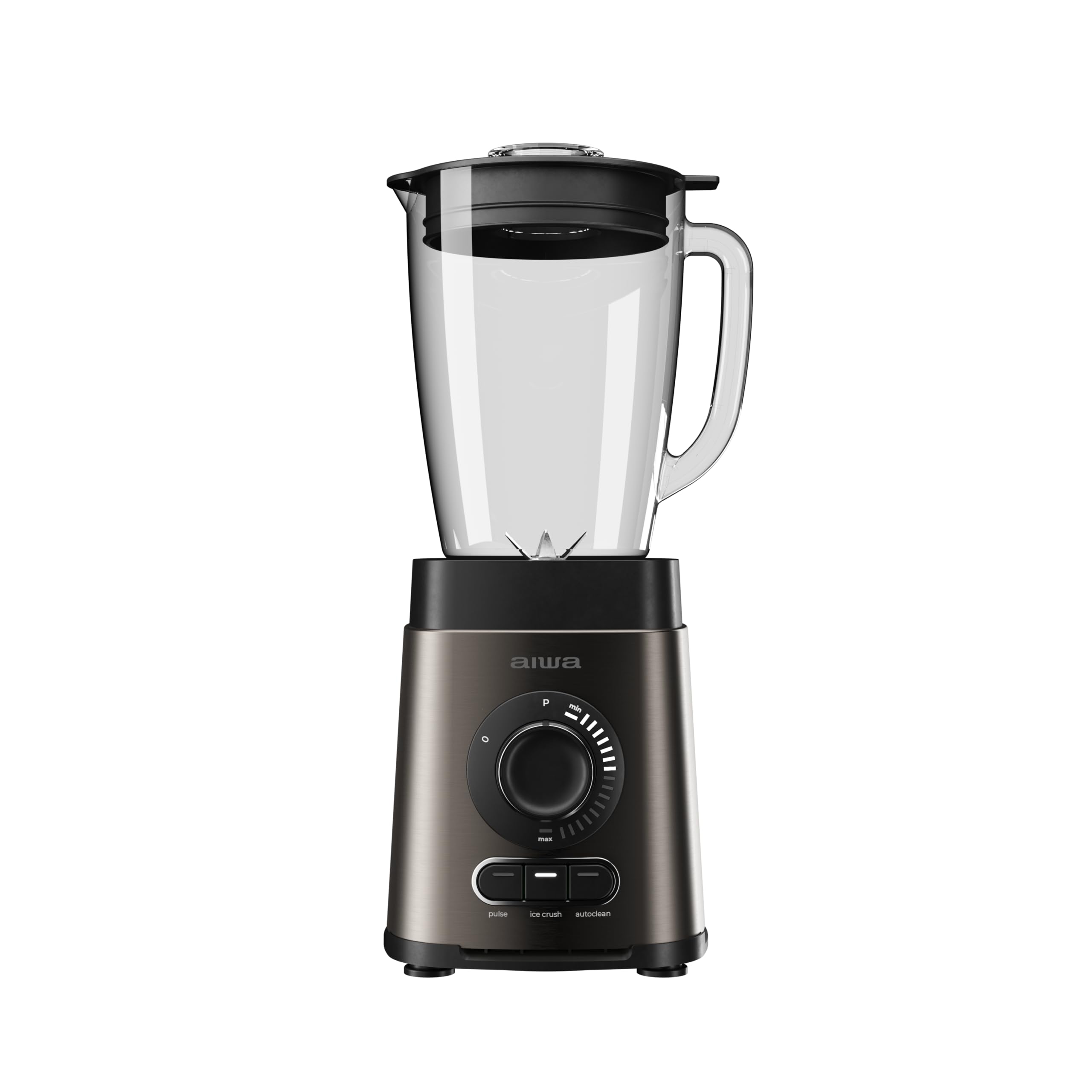 AIWA SABERU 1800 ATB-1800 – Batidora de vaso 1800W, jarra de vidrio 1,8L, 6 cuchillas Satoku, 3 programas (Hielo, Pulso, Autolimpieza), control variable, autolimpieza automática. Color: Acero Inox