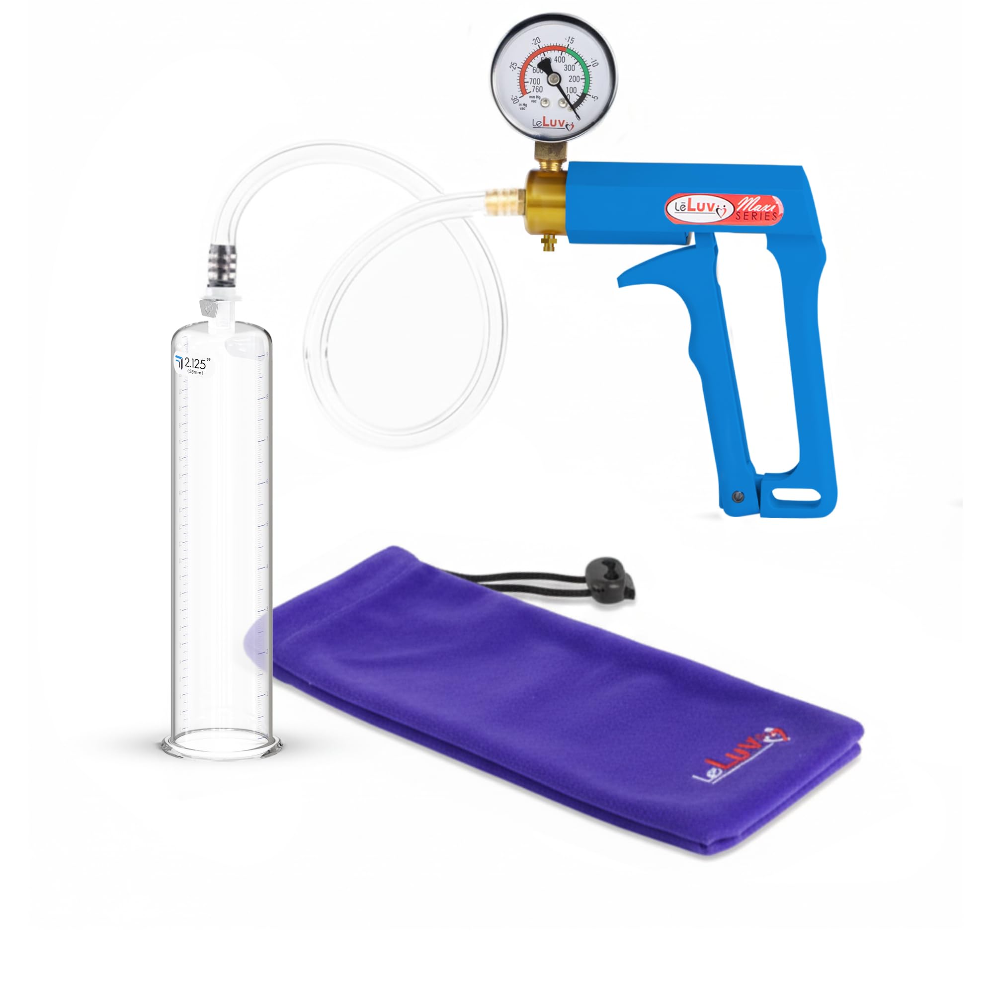 LeLuv Penis Pump with Gauge - Premium Maxi Handle Vacuum Pump, Clear Hose (9" Length), & Transparent Cylinder w/ 2.125" Diameter - Effective Locking Fitting w/Vacuum Range 0-30 Hg, 0-760 mmHg, Blue