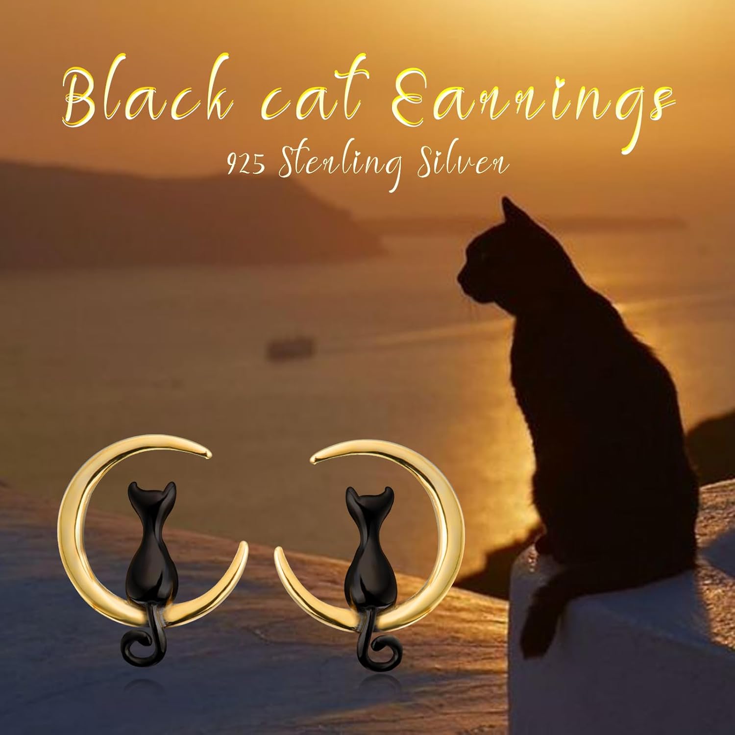 925 Sterling Silver Cat Moon Stud Earrings Gold Moon Earrings Black or Silver Cat Earrings for Women Cute Animal Earrings Jewelry Gifts for Birthday Christmas - Image 6