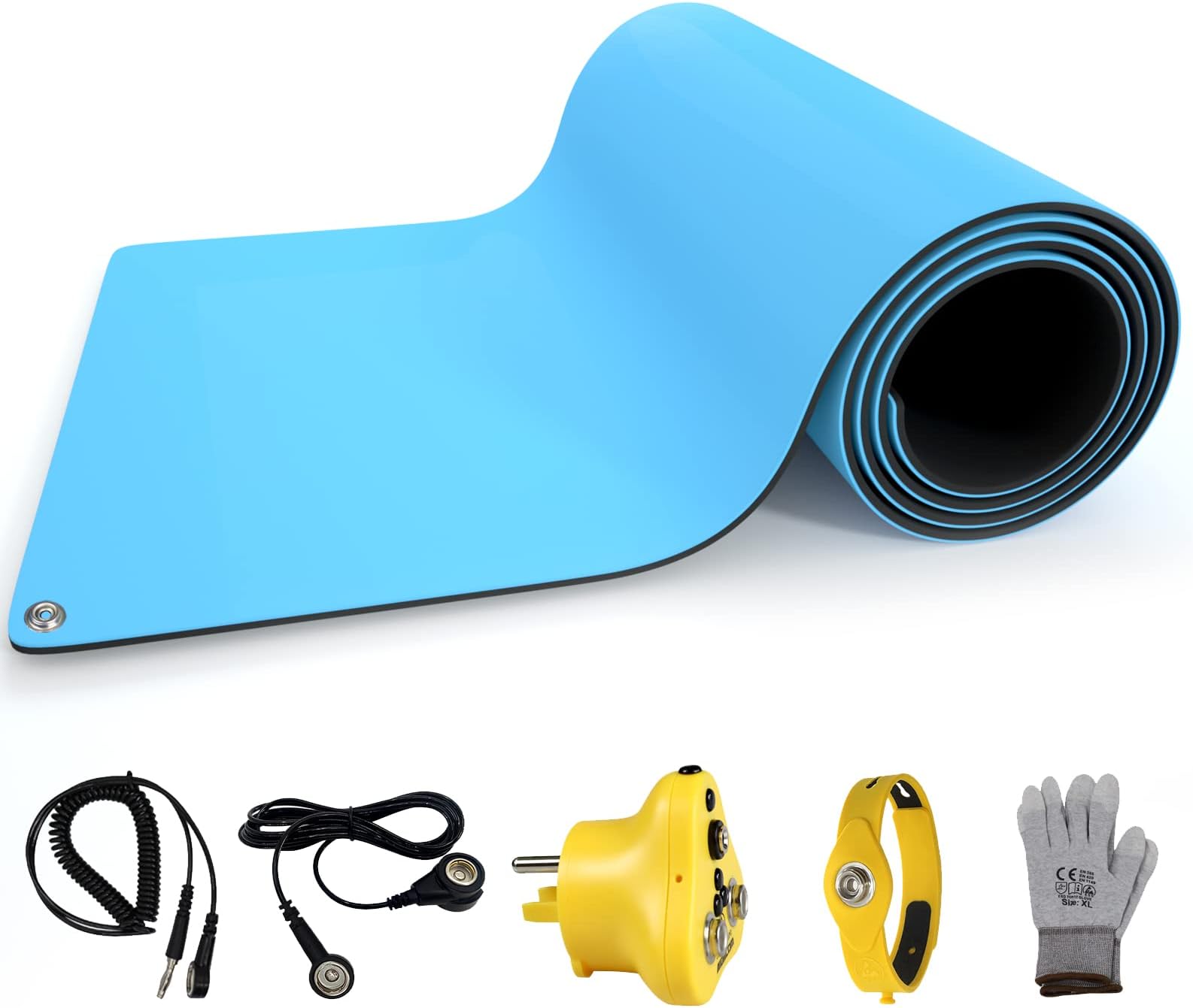 30x12 Inch ESD Rubber Mat, Anti Static Table Floor Pad for PC Building Electronic Device Repair Solder Assembly Work, W/H Grounding Kit- Antistatic Plug Wrist Strap Wristband Cord Gloves，Blue