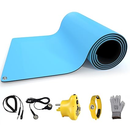 Aidacom 30x12 Inch ESD Rubber Mat, Anti Static Table Floor Pad for PC Building Electronic Device Repair Solder Assembly Work, W/H Grounding Kit- Antistatic Plug Wrist Strap Wristband Cord Gloves?Blue