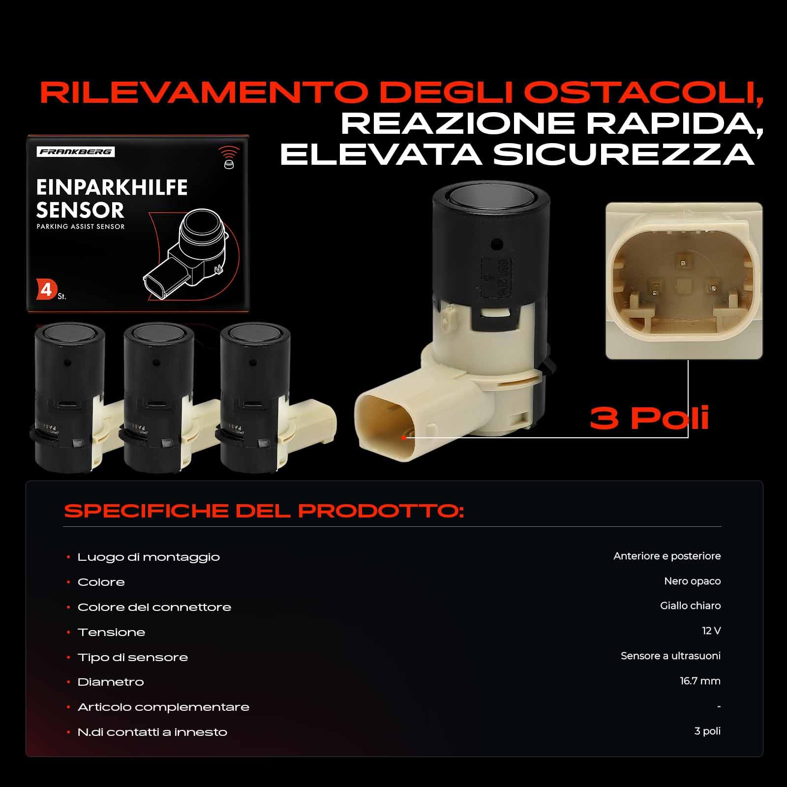 Frankberg 4 sensori di parcheggio anteriori e posteriori 66206989068 | Compatibile con: Serie 6 Cabrio E64, M.i.n.i decappottabile R52, Serie 5 E39, Serie 5 Touring E39, Serie 5 Touring E61
