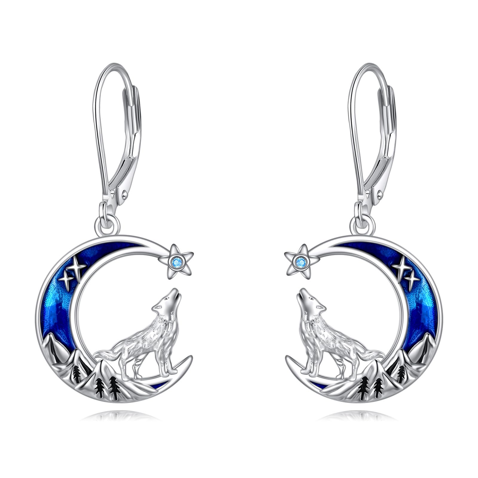 Tier Ohrringe Geschenke für Damen Mädchen Sterling Silber Abalone Mountain Wolf Ohrringe Mond Stern Leverback Ohrringe Schmuck Geschenke