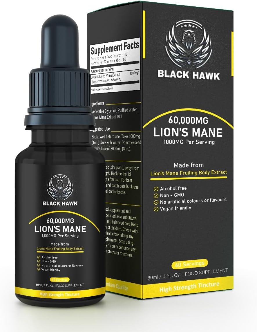 Lions Mane Supplement Liquid 60000mg – 60 Vegan Servings High Strength Lions Mane Mushroom Fruiting Body Extract – 2 Months Supply – Nootropic – Made in The UK by BLACK HAWK