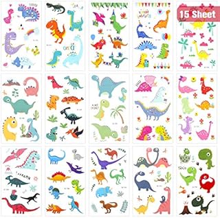 15 Sheets Temporary Tattoos for Kids, Waterproof Childrens Temporary Tattoo Sticker Pack Idea for Girls Boys (Dinosaur Pirate Monster),Non Toxic Halloween Christmas Birthday Party Supplies