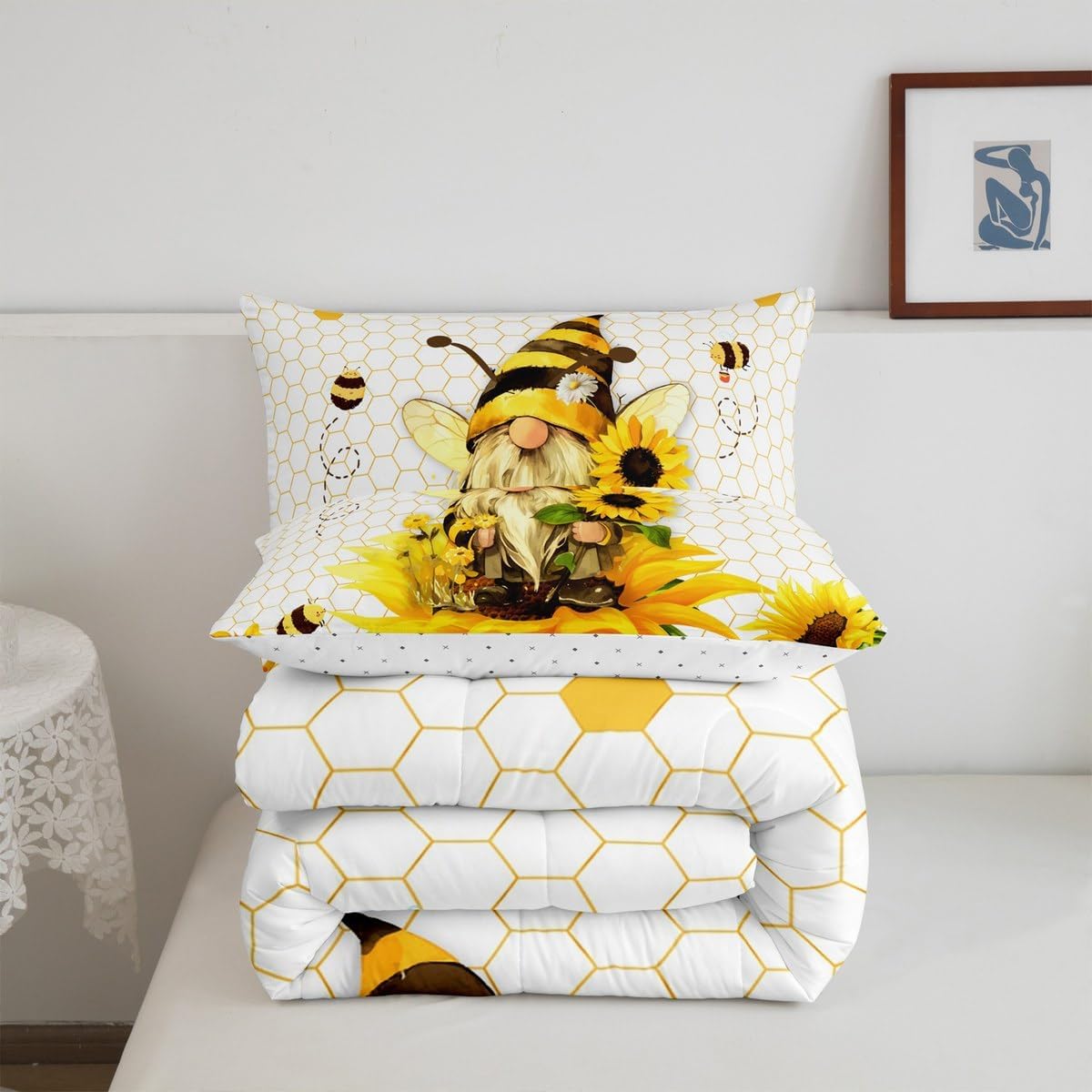Feelyou Boys Girls Honey Bee Duvet Insert Toddler Size, Honeycomb Comforter Set Sunflower Bedding Set Kids Teens Bedroom Decor 2Pcs