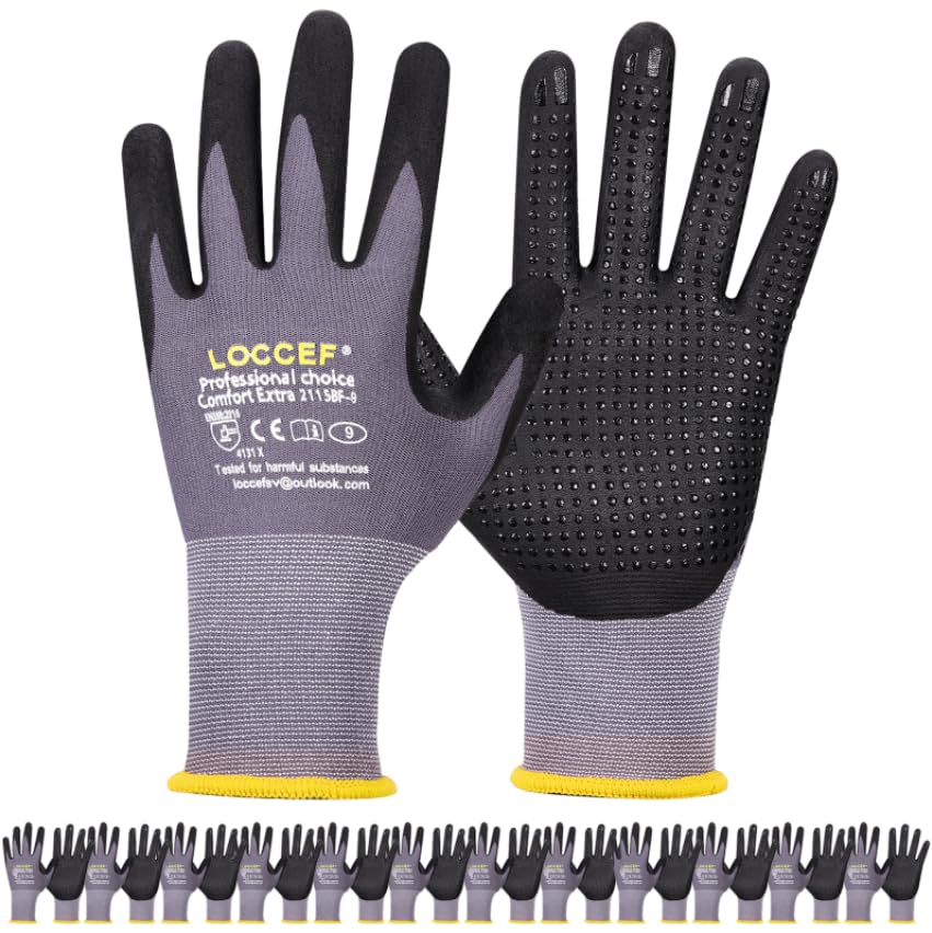 LOCCEF Work Gloves MicroFoam Nitrile Coated-6 Pairs Endurance Seamless Knit Nylon Dots on palm Tacky Dot Grip Gloves