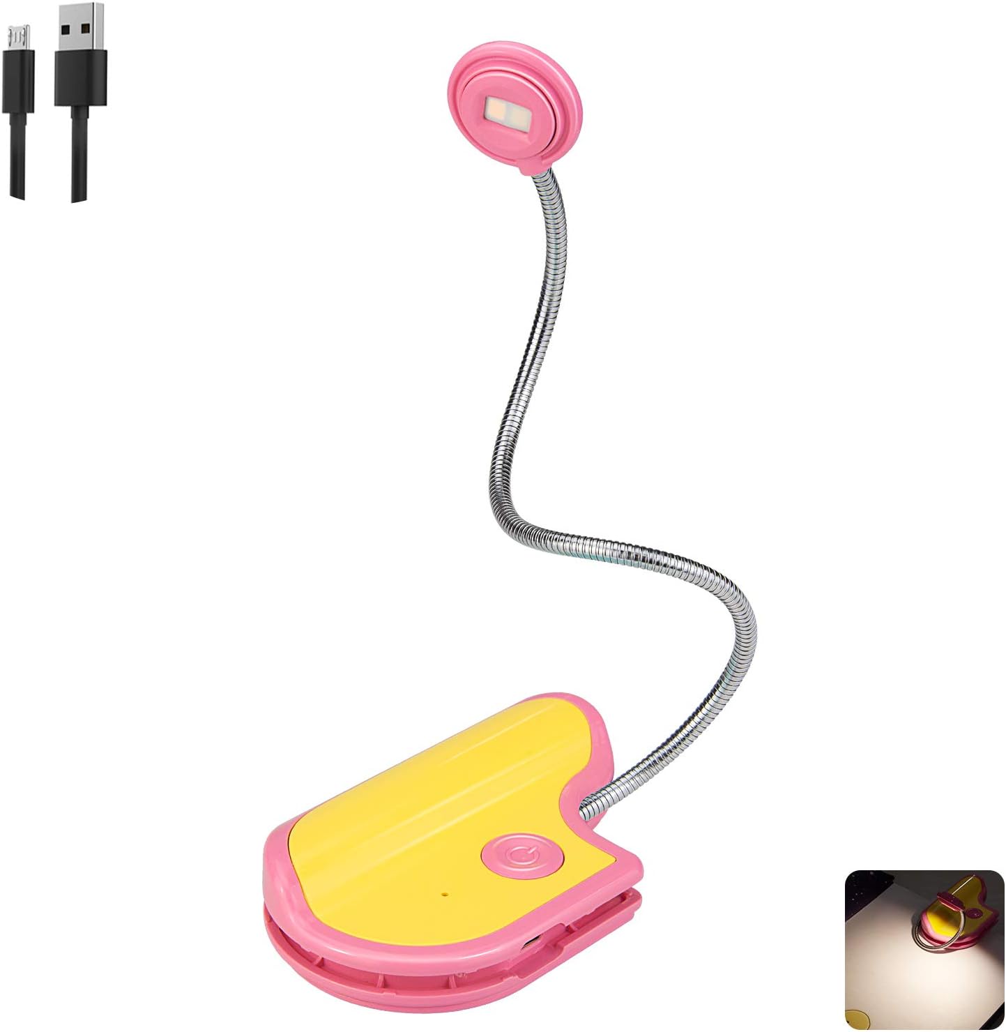 BIGMONAT Rechargeable Clip on Book Light for Kids,Small Book Reading Light,Multi Colors Portable LED Reading Lamp with 360° Rotary Light Neck,Wireless Dimmable Reading Light in Bed for Studets(Pink)