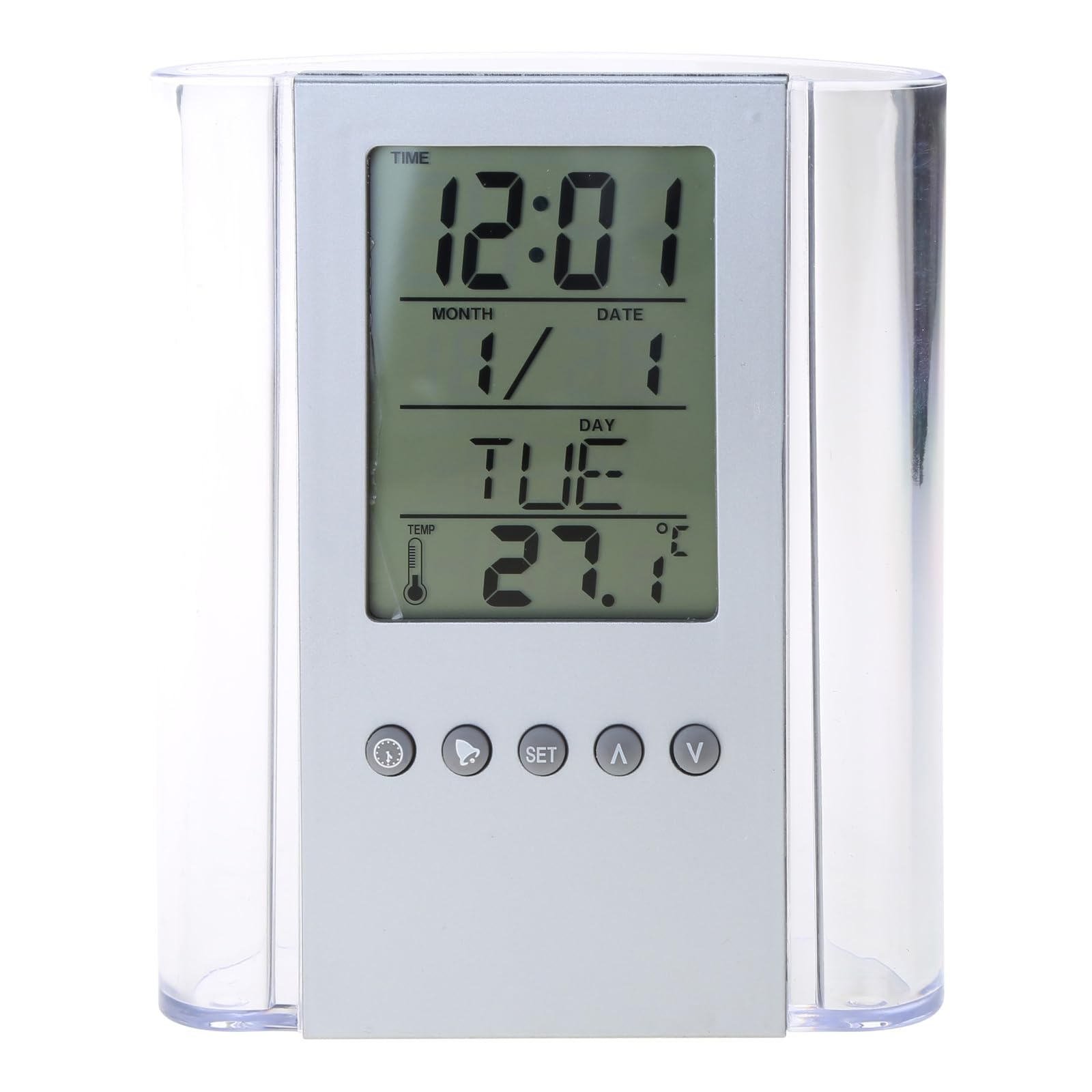 Wwhjr Lcd Digital Alarm Clock Desk Pencil Pen Holder Calendar Perpetual Calendar Transparent Pen Holder