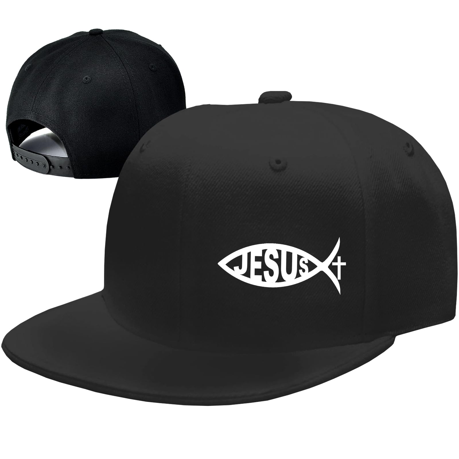 Christian Hat Snapback Hats for Men Flat Bill Brim Hats Jesus Fish Cross Hat for Men Fitted Black Baseball Cap for Mens Cool Hip Hop Adjustable Workout Trucker caps Mens Women Christ Gift Accessories