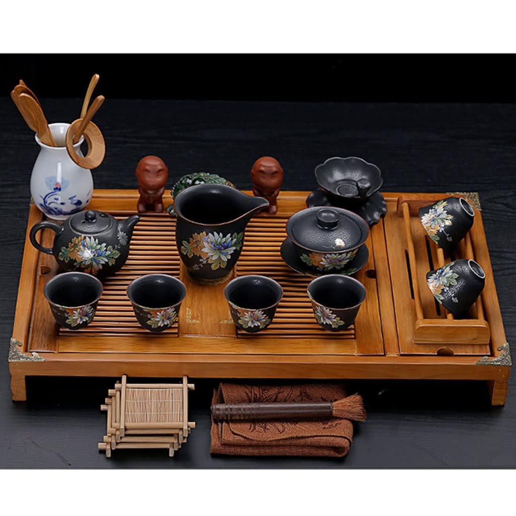 DFGHNBVC Chinese Tea Set Tray,Ceramic Kung Fu Purple Clay Tea Set With Wood Tea Tray,For Gift And Household,Office,Chinese Gongfu Tea Table Serving,F
