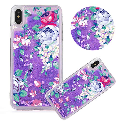 Lila Glitzer Hülle für iPhone 6S Plus,Flüssigkeit Silikon HandyHülle für iPhone 6 Plus,Moiky Luxuriös Mode Elegant Blume Muster Liebe Herzen Treibsand Pailletten Diamant Flexible Weich Gummi Hülle