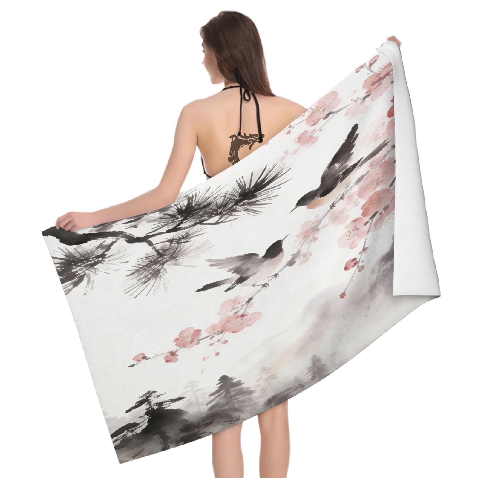 Leichong 3D Chinese Flower and Bird Painting Beach Towel Large Microfiber Soft Quick Dry for Adults, Pine Tree Bath Towel Lightweight Soft Absorbent for Travel Swimming Pool Sports, 80 x 160 cm