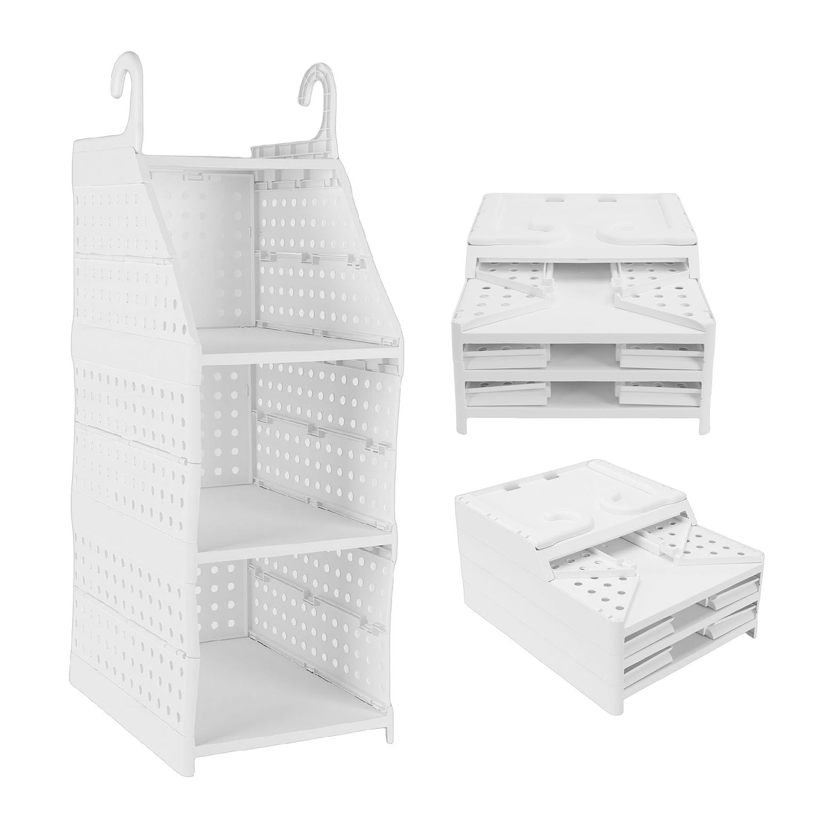 Jiawu Cesta Colgante para Armario, Organizador de Armario Plegable de Gran Capacidad, Cesta de Almacenamiento para con Ganchos Reforzados para Dormitorio, Lavandería, Dormitorio (3 niveles)