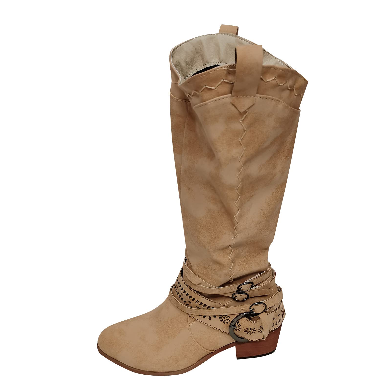 Knee High Boots for Women Pointed Toe Pull-on Embroidery Mid Calf Boot Tall Bootie Shoes with Side Zipper