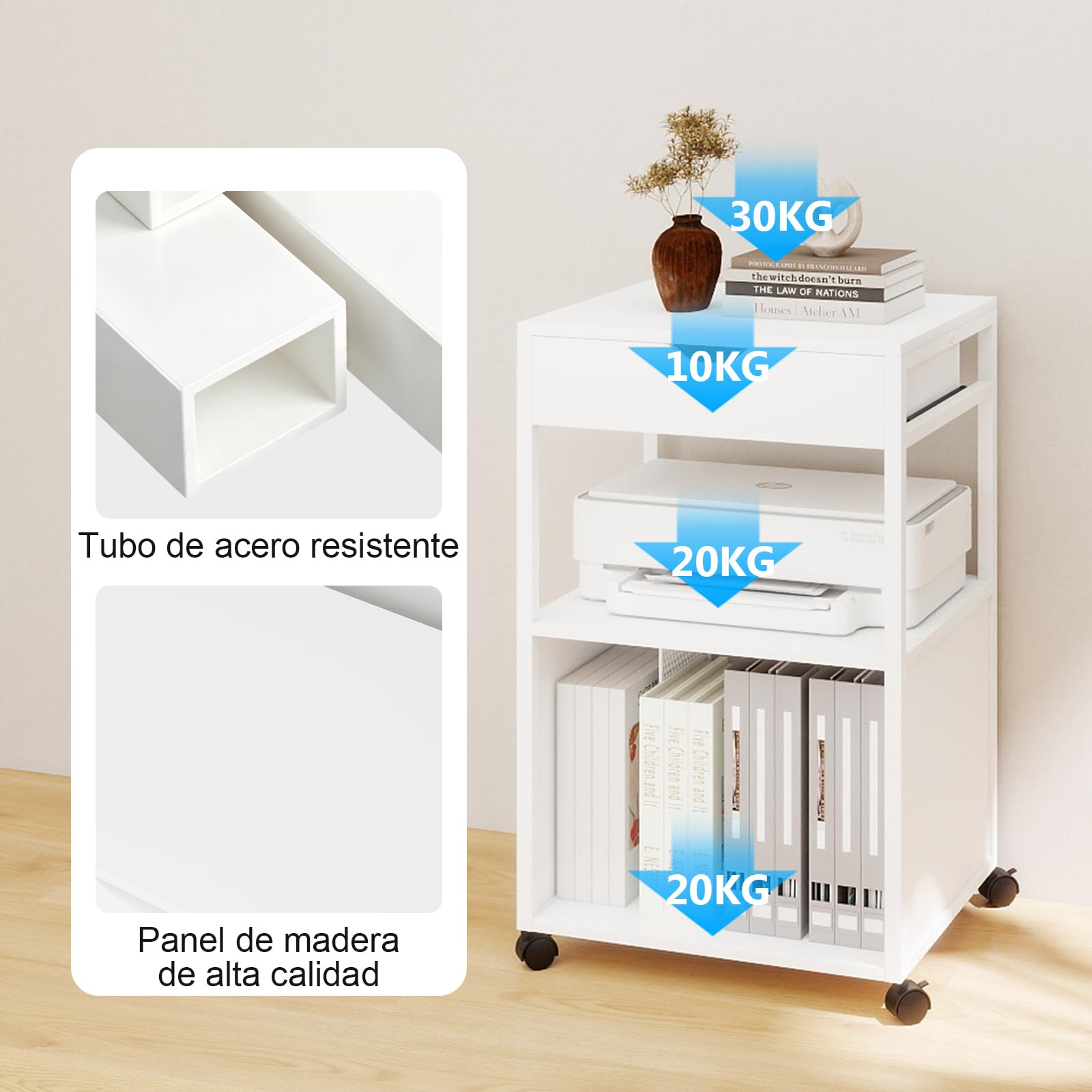 PUNCIA Mueble para Impresora con Ruedas Soporte Rodante de Almacenamiento | Mesa Auxiliar con Cajón y Estantes Abiertos Estantería para discos Carrito Organizador para Oficina y Hogar Blanco