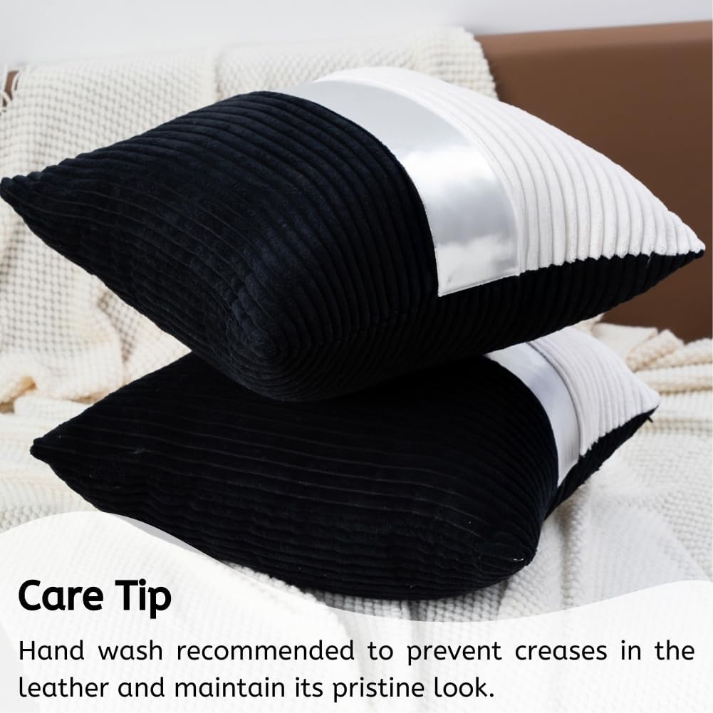 Black and Cream White Boho Striped Corduroy Throw Pillow Covers with Silver Leather Patchwork 20x20 Inch, Pack of 2, Double-Sided, Soft Spring Decorative Pillows for Couch and Living Room