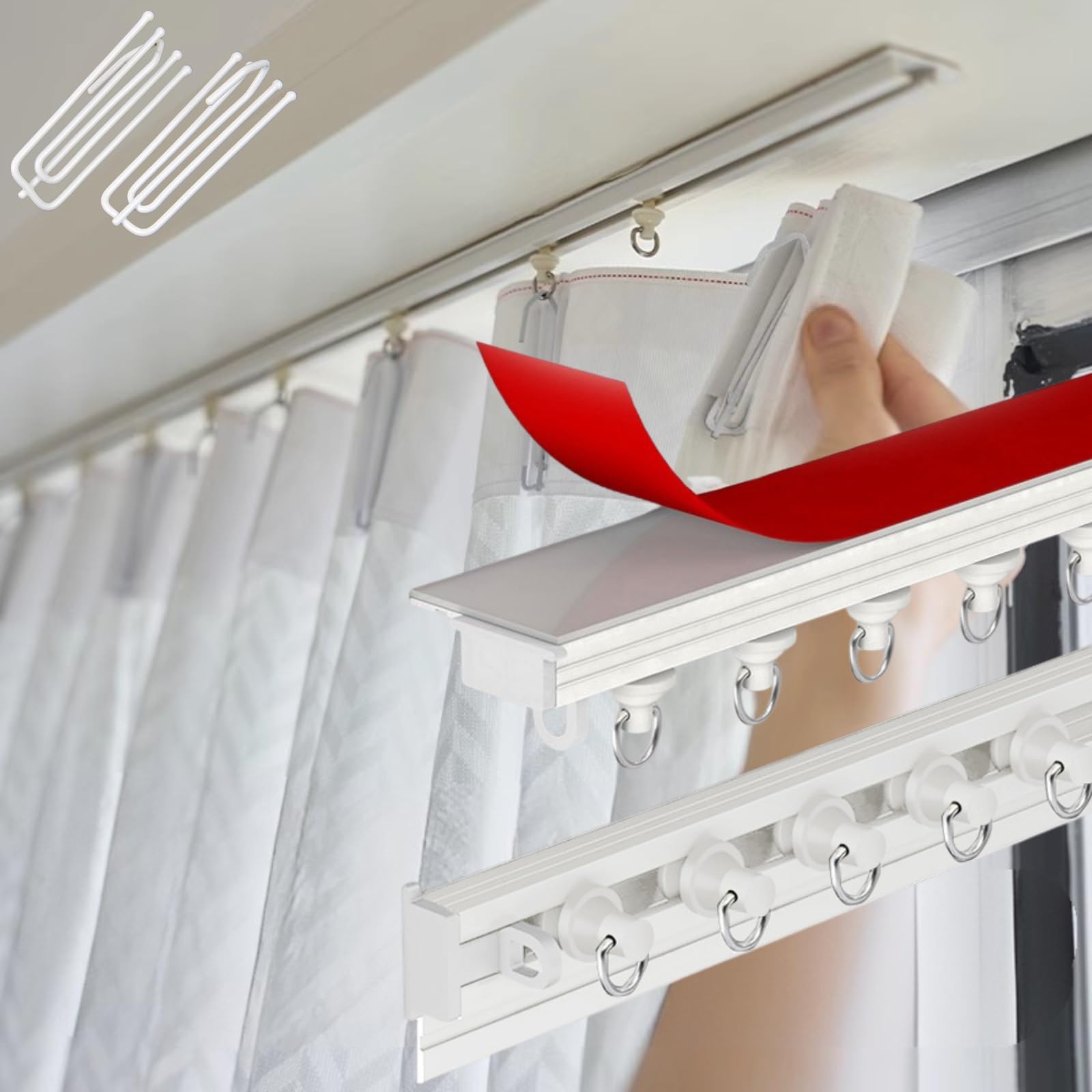 Système de rails pour rideaux de plafond, sans perçage, avec crochets, réglable de 70 à 400 cm, support adhésif pour salon, chambre à coucher, salle de bain (400 cm)