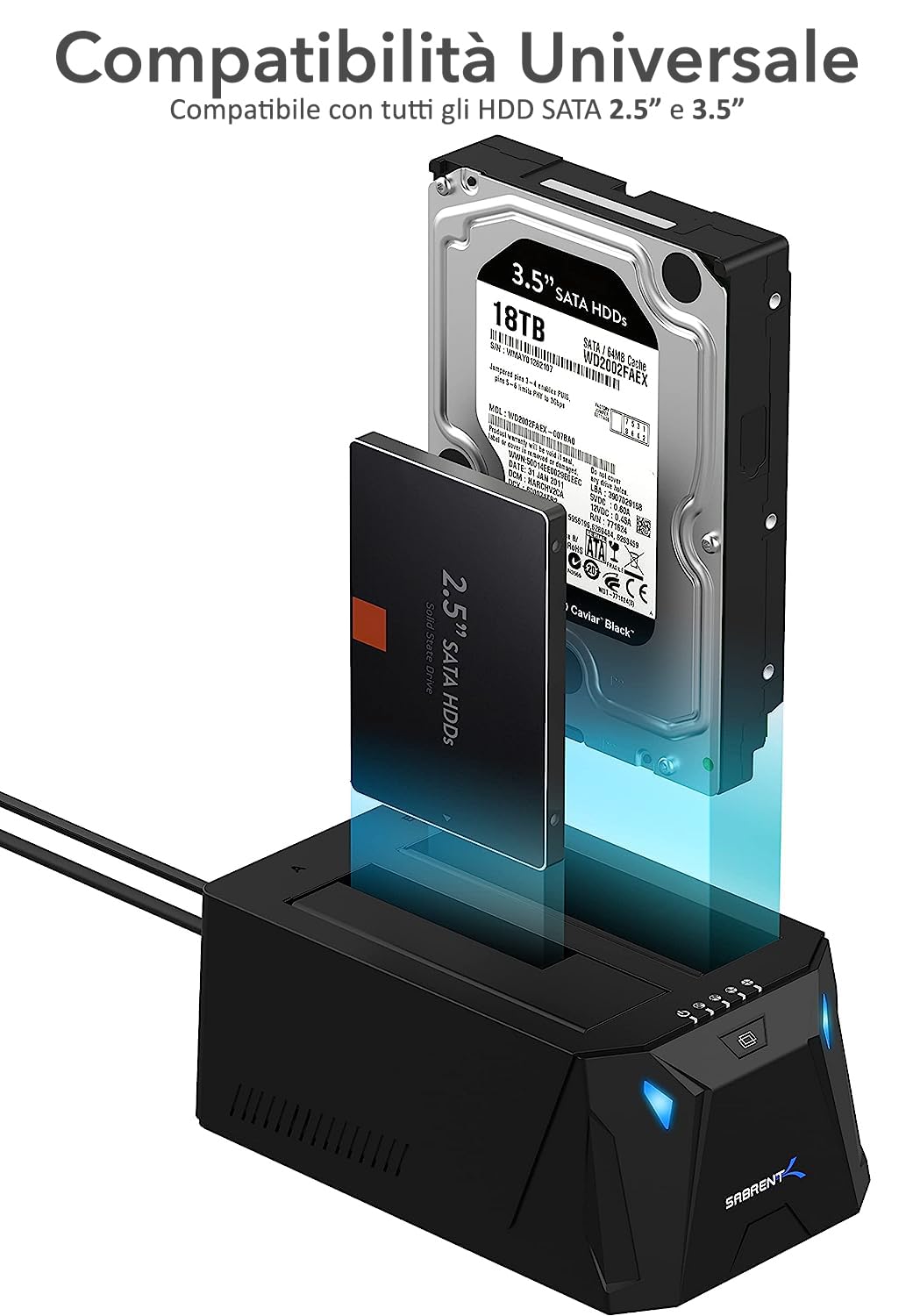 SABRENT Docking Station SSD/Hard Disk esterno/HDD 2.5/3.5 pollici, USB C, 2 slot per SSD/HDD, con alimentatore, per SSD SATA fino a 22TB, con funzione Duplicatore/Clonatore di Hard Disk (EC-CH2B)