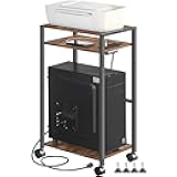 HOOBRO Computer Tower Stand, 3-Tier PC Tower Stand, PC Stand with Charging Station, Mobile CPU Stand Fits Most PC, Adjustable Shelf, for PC Tower, Printer, Home Office, Rustic Brown BF12UCJ01