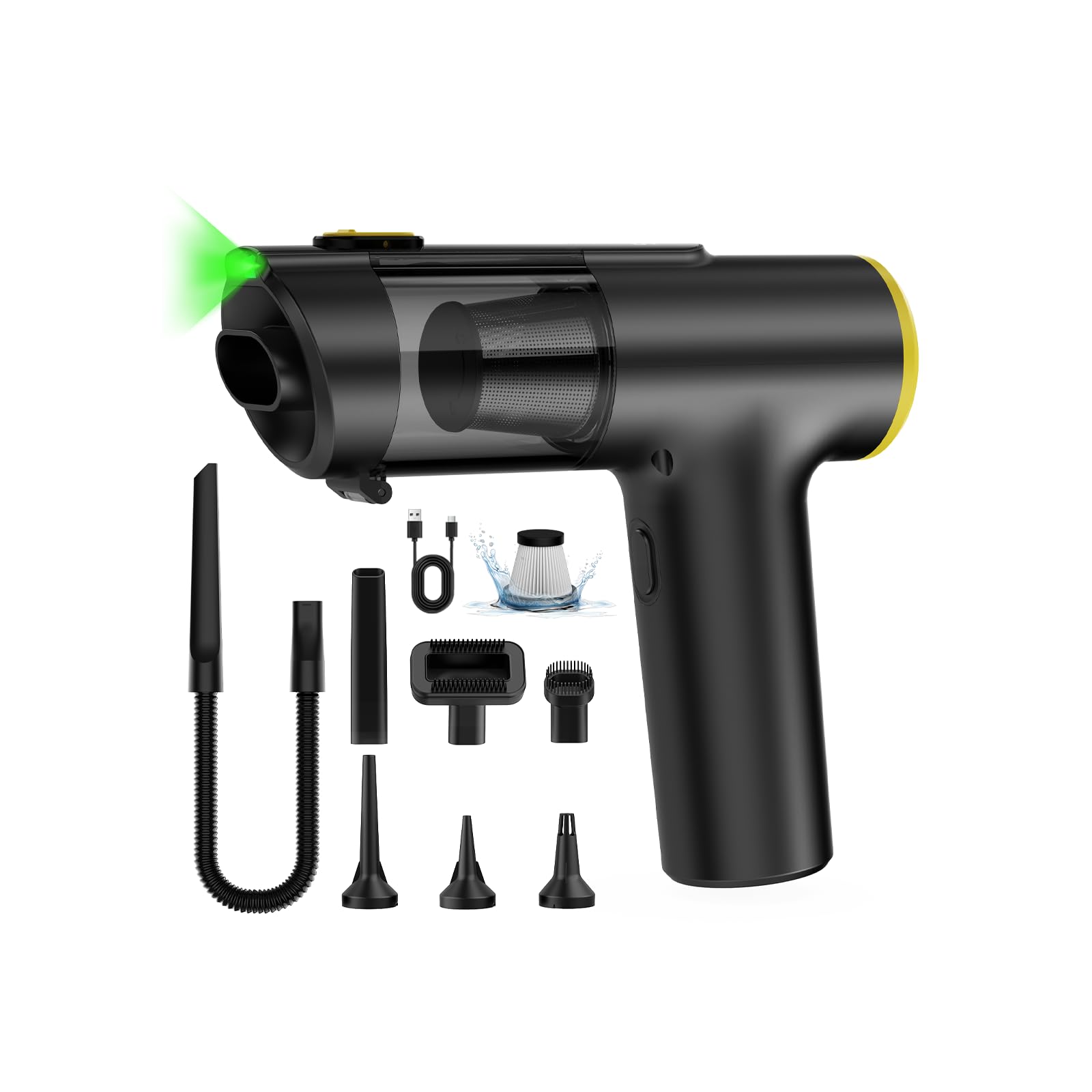 Aspiradora de Mano sin Cable 28000Pa,Mini Aspiradora Portátil para Coche,hasta 60 Min,3 en 1 Aspirar/Soplar/Inflar,Pantalla LED y Luz Verde,Motor Brushless,Hogar,Oficina y Pelo de Mascotas