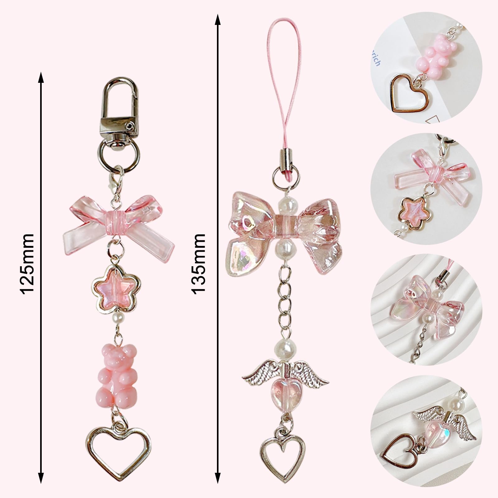 Pendentifs Y2K pour Téléphone Portable 6 Pcs, Kawaii Noeud Papillon Chaîne Anti-Perte