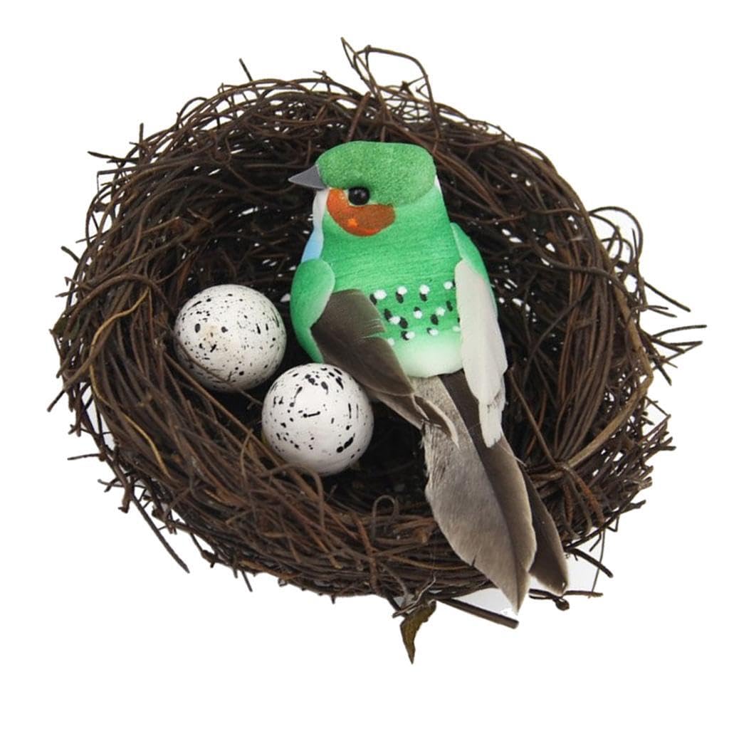 QLECXZI Artificial Feathers Lawn Ornament Lovely Birds Figurines For Tree Decor Lovely Small Artificial Feathers Bird In Straw Nest With Eggs Outdoor Garden