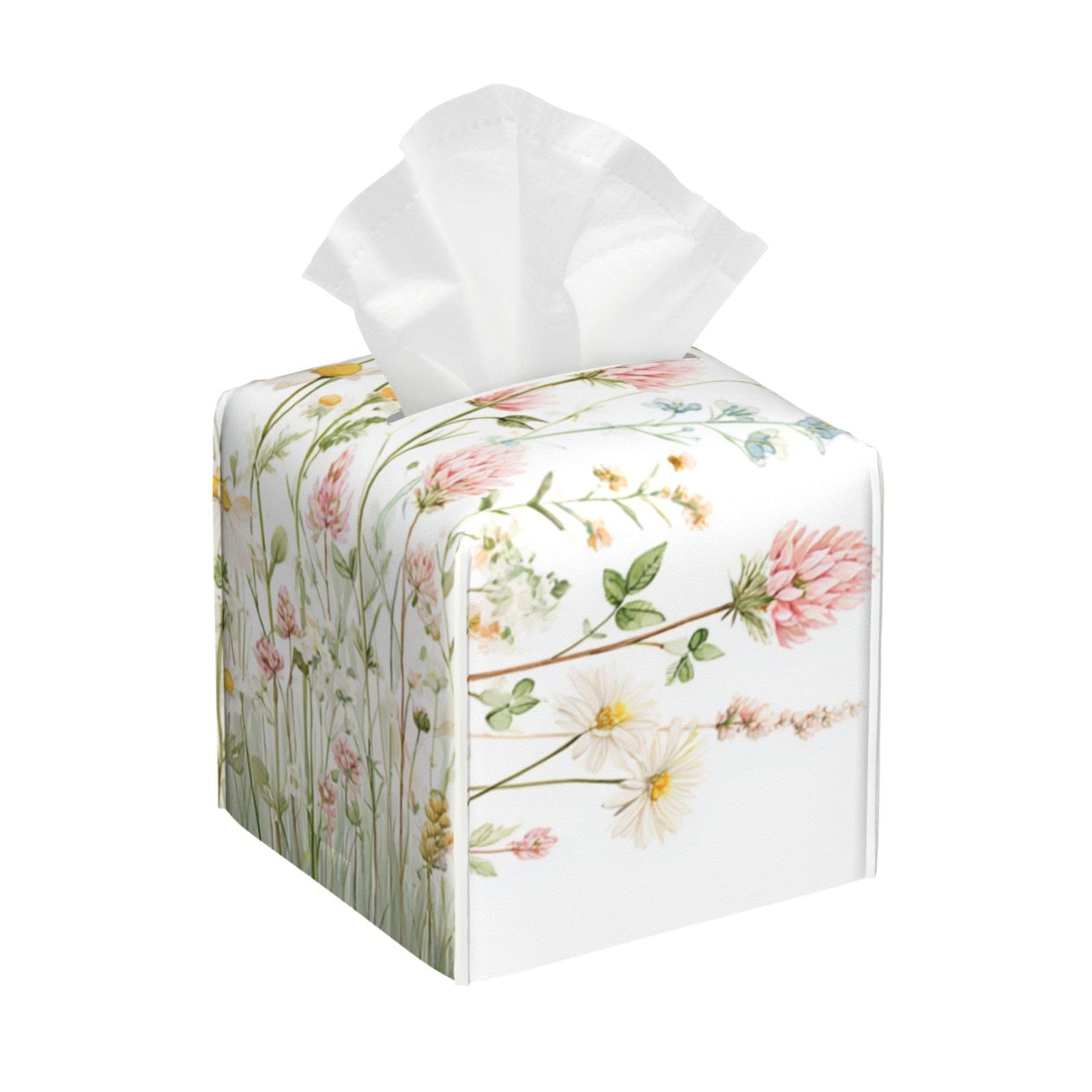 Watercolor Wild Meadow Flowers Tissue Box Cover Square Pu Leather Waterproof Tissue Box Holder for Car Bathroom Bedroom Office Tabletop Decor