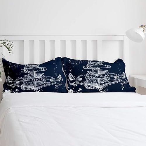 Miniatura 5 de Juego de ropa de cama de 4 piezas, juego de funda de edredón de nudo náutico marino, brújula, ancla y mundo marino, ultra suave y fácil de cuidar,