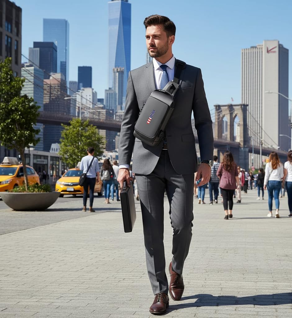Anti-Theft Sling Bag for Men & Women | USA Flag Chest Shoulder Backpack | Waterproof Crossbody Daypack with USB Charging Port & Lock | Daily use, Travel, Working, Hiking, Cycling. (Grey or Black) - Image 2