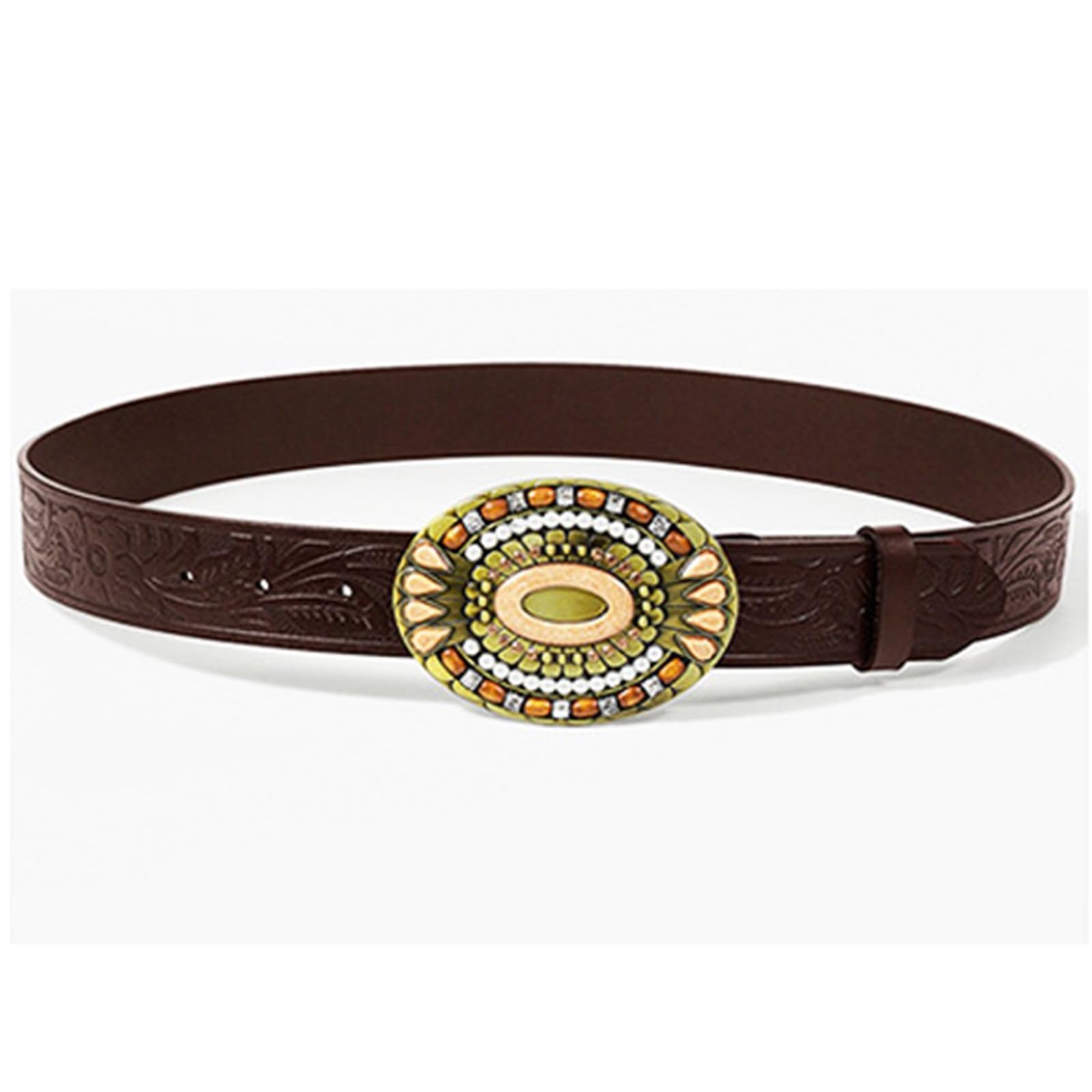 Western Cowboy Cowgirl Cintura a Scatto in Rilievo con Perlina Fibbia Ovale in Stile Country Cinturino in Pelle Inciso Motivo Floreale Bohémien(110cm/43, Coffee)