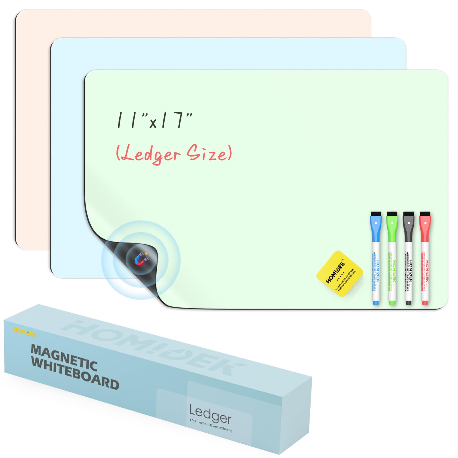 HOMiDEK Magnetic Dry Erase Board, 3 Colors Fridge Magnet White Board Sheet with 4 Markers & 1 Eraser, Reusable Blank Magnetic Whiteboard to Write On