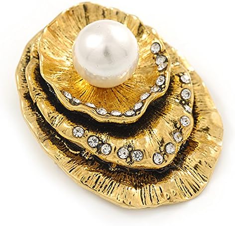 Vintage Inspired Textured, Crystal Shell with Pearl Brooch In Antique Gold Metal - 50mm L, white / ivory, gold - Image 4