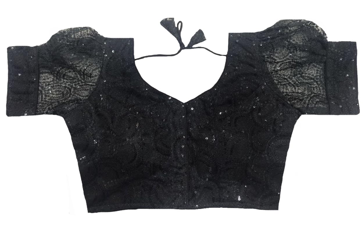 Pujia Mills Womens Readymade Indian Ethnic Designer Stitched Women's Blouse Net Chiken Shifli Sequence Embroidery Work Blouse Fancy Puff Sleeve Blouse Schhiffli Fabric Saree Blouse For Choli