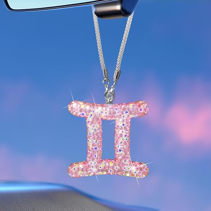Bling Car Accessories for Women, 12 Zodiac Constellation Charm Crystal Pendant, Rear View Mirror Cute Crystal Pendant, Lucky Gifts Diamond Rhinestone Charm Interior Pink Gemini