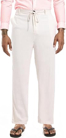 Mens Drawstring Linen Pants Casual Elastic Waist Straight Loose Trousers X-Large, Beige