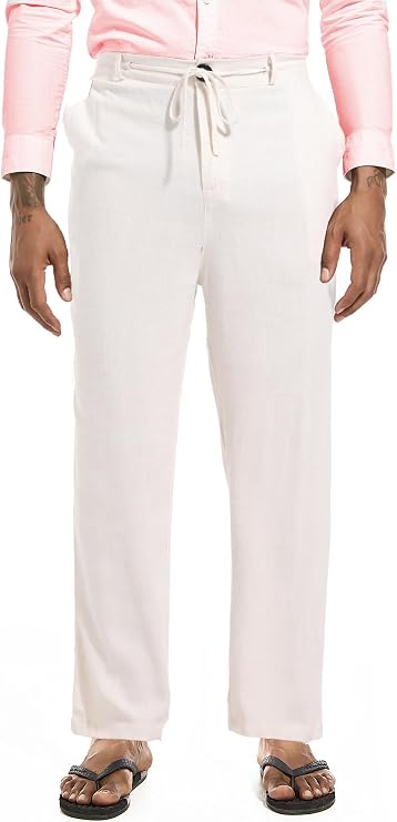Mens Drawstring Linen Pants Casual Elastic Waist Straight Loose Trousers (X-Large, Beige)