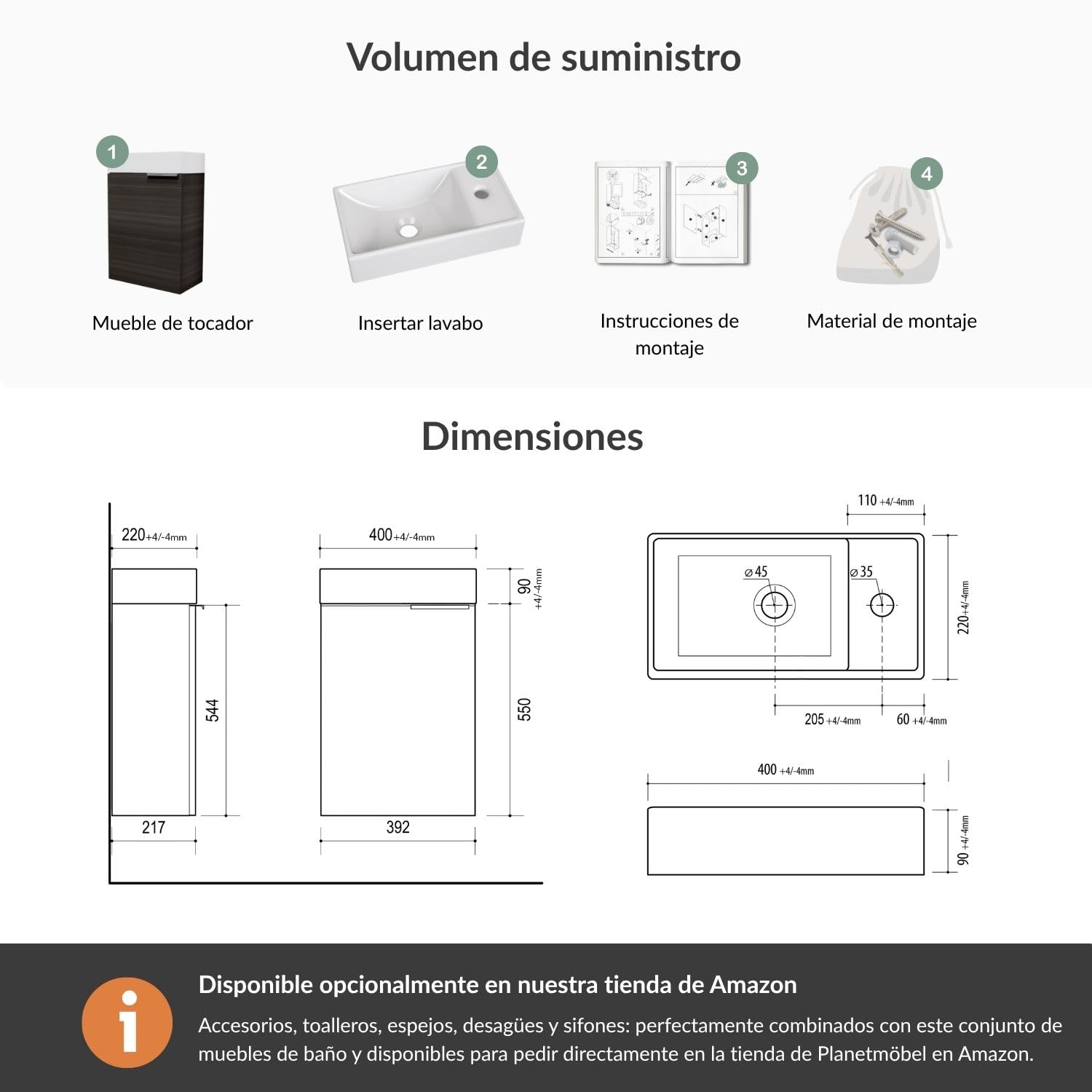 Planetmöbel Mueble baño con Lavabo 40 cm, Mueble bajo Lavabo para baños pequeños, Aseo de Invitados, Antracita