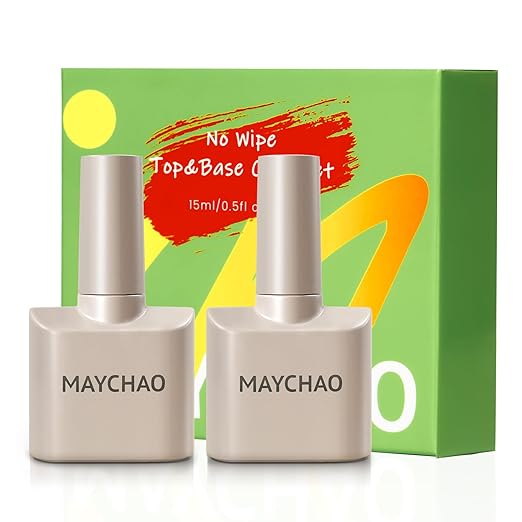 MAYCHAO 2 Pcs 15ml Gel Top and Base Coat Set, Clear Base and No Wipe Shiny Top Coat Gel Nail Polish UV LED Nail Lamp Need Long Lasting Nail Lacquer Art Design Manicure for Women