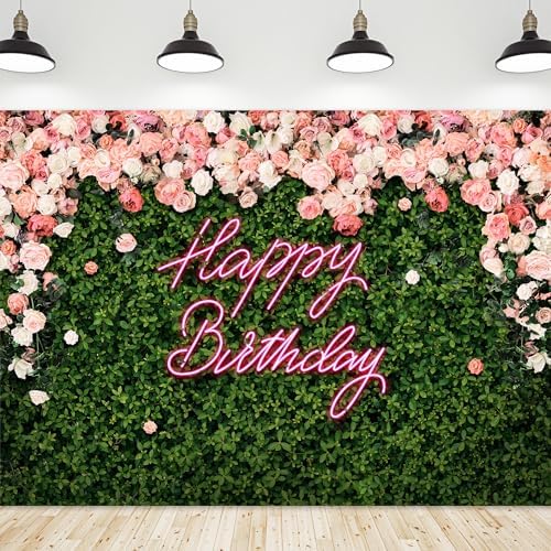 Riyidecor Happy Birthday Backdrop for Women，Girls Flower Wall Pin...