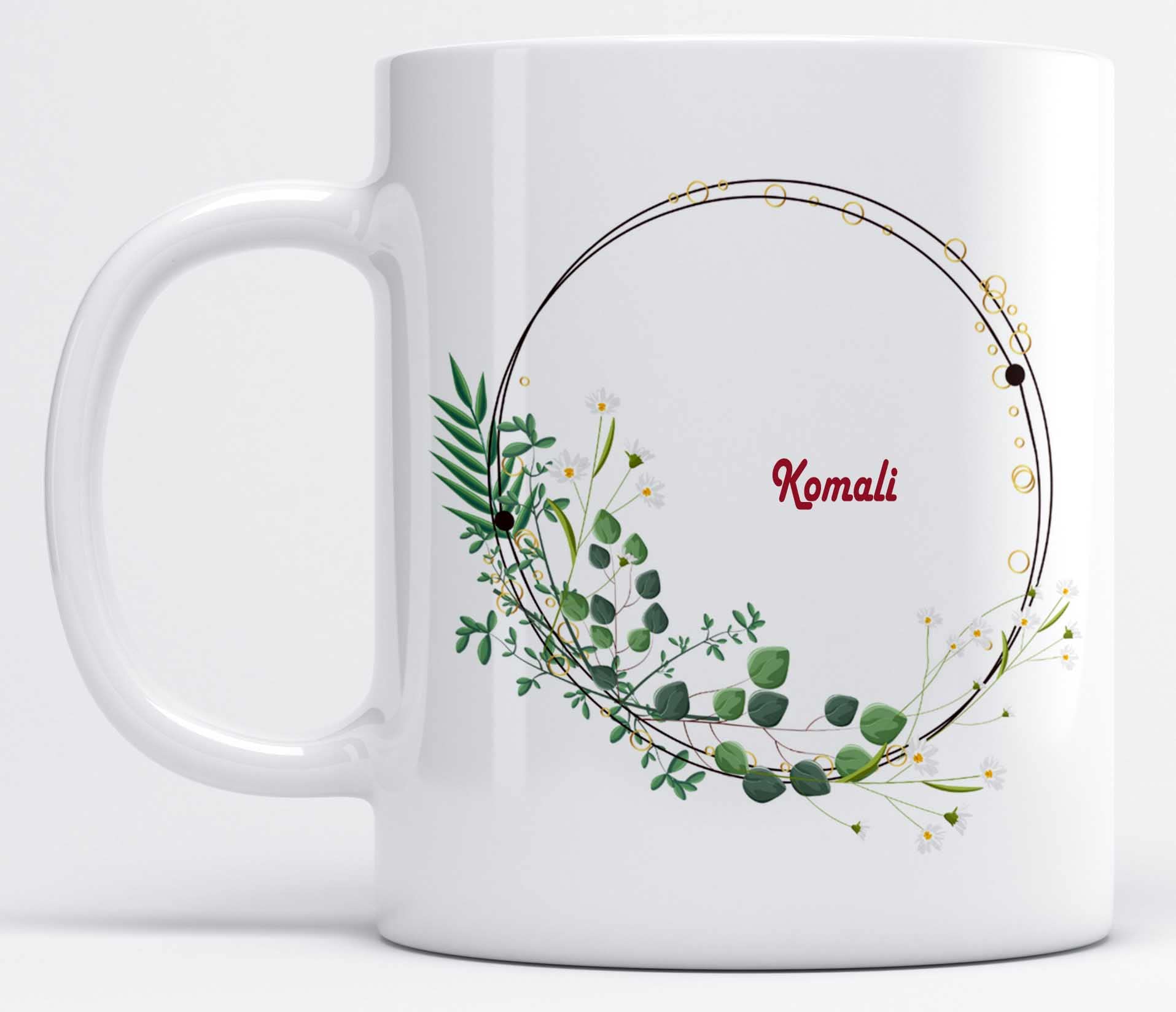 LOROFY Name Komali Printed Beautiful Leaves Design Floral Ceramic Coffee Mug (325ML)